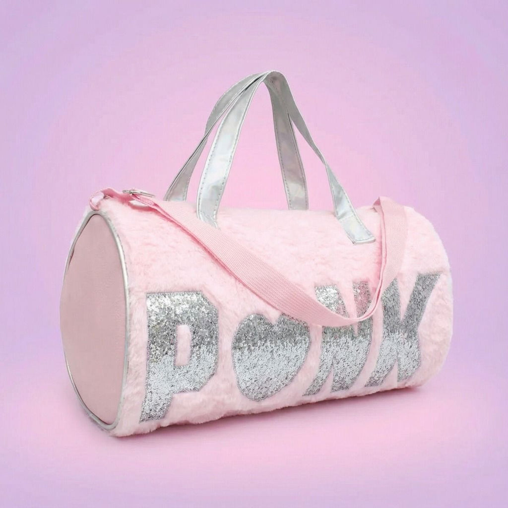 Pink Fur Glitter Duffel Bag