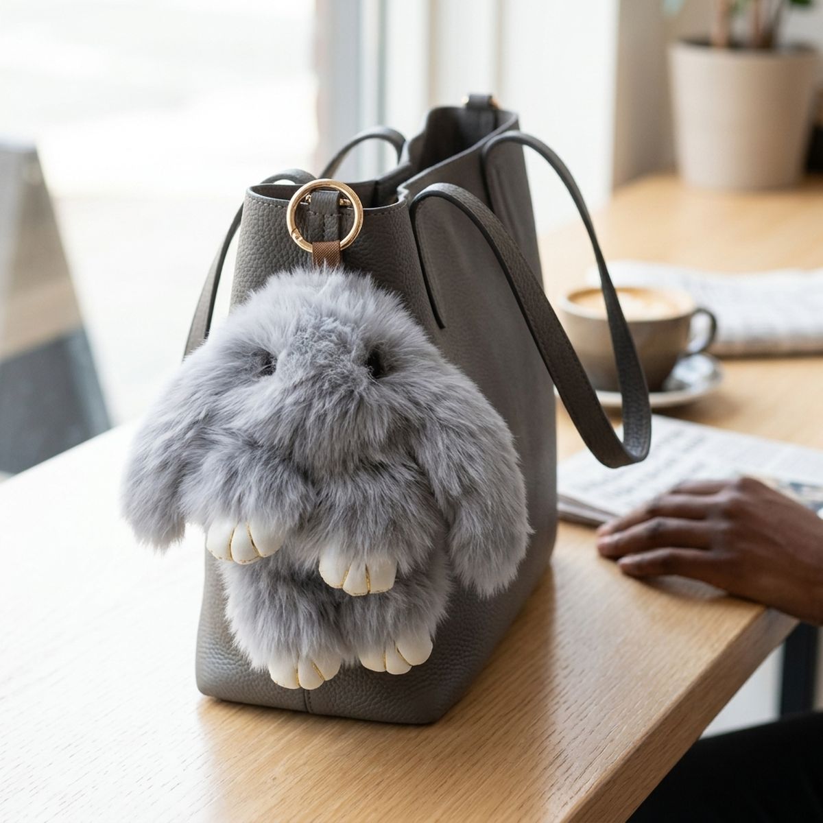 Fluffy Grey Plush Bunny Keychain | Faux Fur Bag Charm