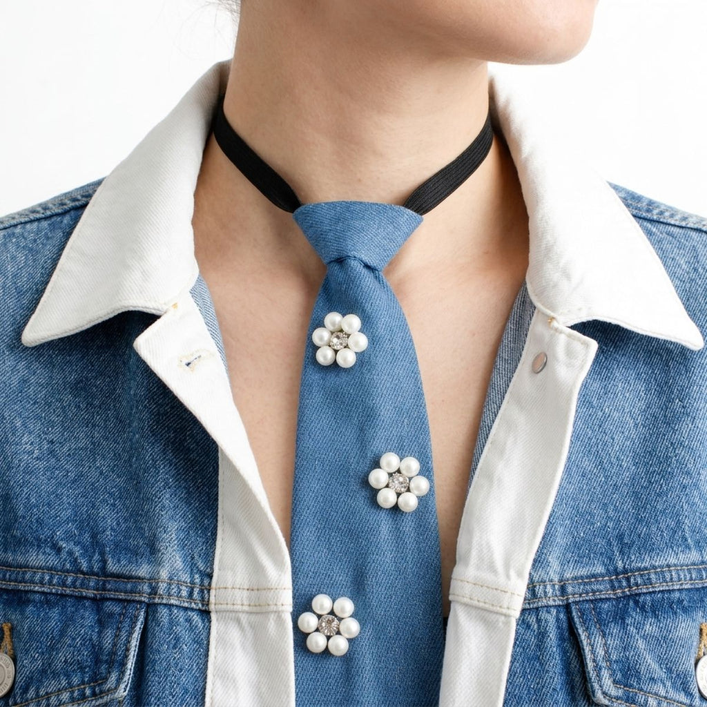 Blue Denim Cream Pearl Flower Necktie Necklace
