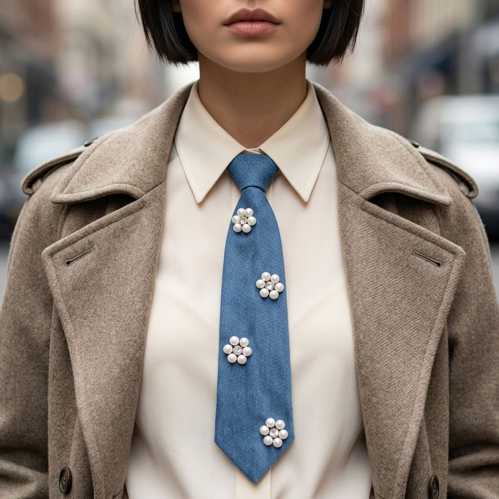 Blue Denim Cream Pearl Flower Necktie Necklace