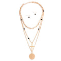Gold Layered Black Glass Bead & Cross Charm Necklace Set