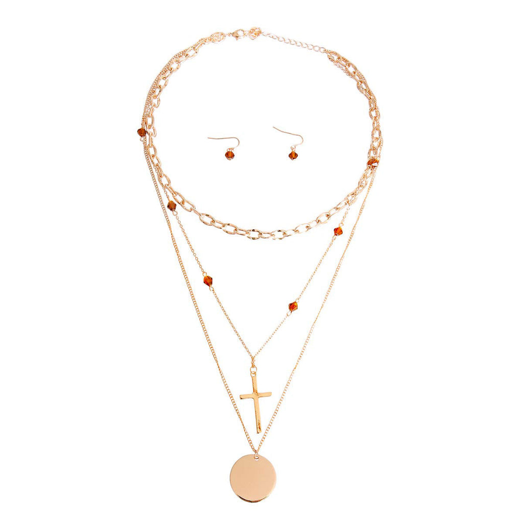 Gold Layered Glass Bead & Cross Charm Necklace Set