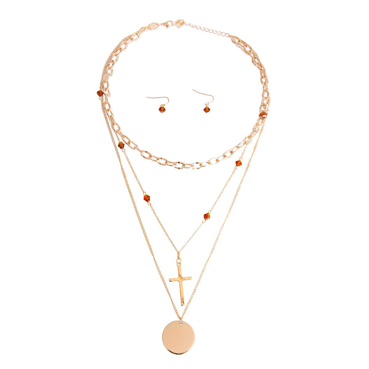 Gold Layered Glass Bead & Cross Charm Necklace Set