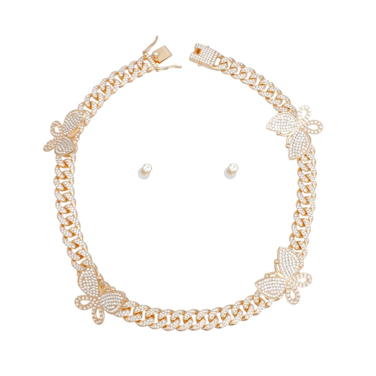 Gold rhinestone butterfly Cuban chain necklace set with matching small pearl stud earrings, flat lay on white background, push-lock clasp open