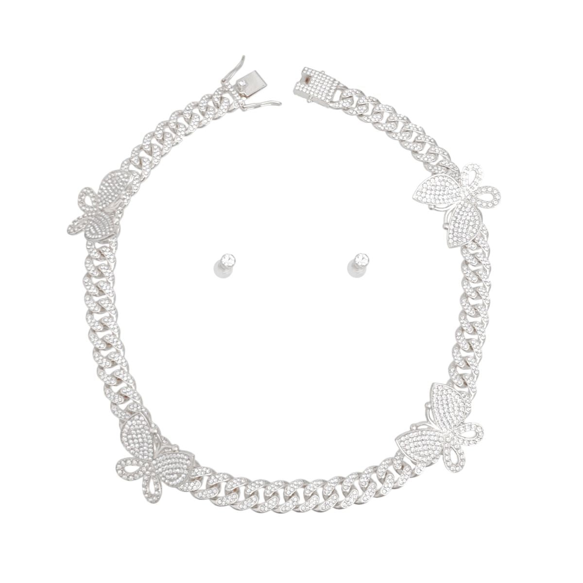 Silver rhinestone butterfly Cuban chain necklace set with matching small round stud earrings, flat lay on white background, push-lock clasp visible