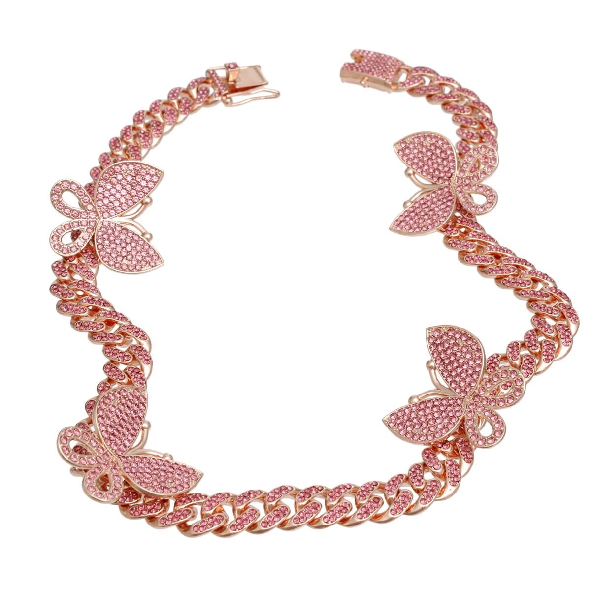 Pink rhinestone-iced rose gold butterfly Cuban chain necklace flat lay showing five pave pink crystal butterfly stations and push-lock box clasp, white background