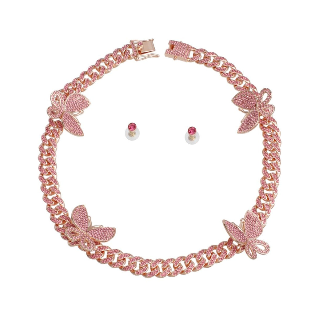 Pink rhinestone rose gold butterfly Cuban chain necklace set with matching pink crystal round stud earrings, flat lay on white background, push-lock clasp open