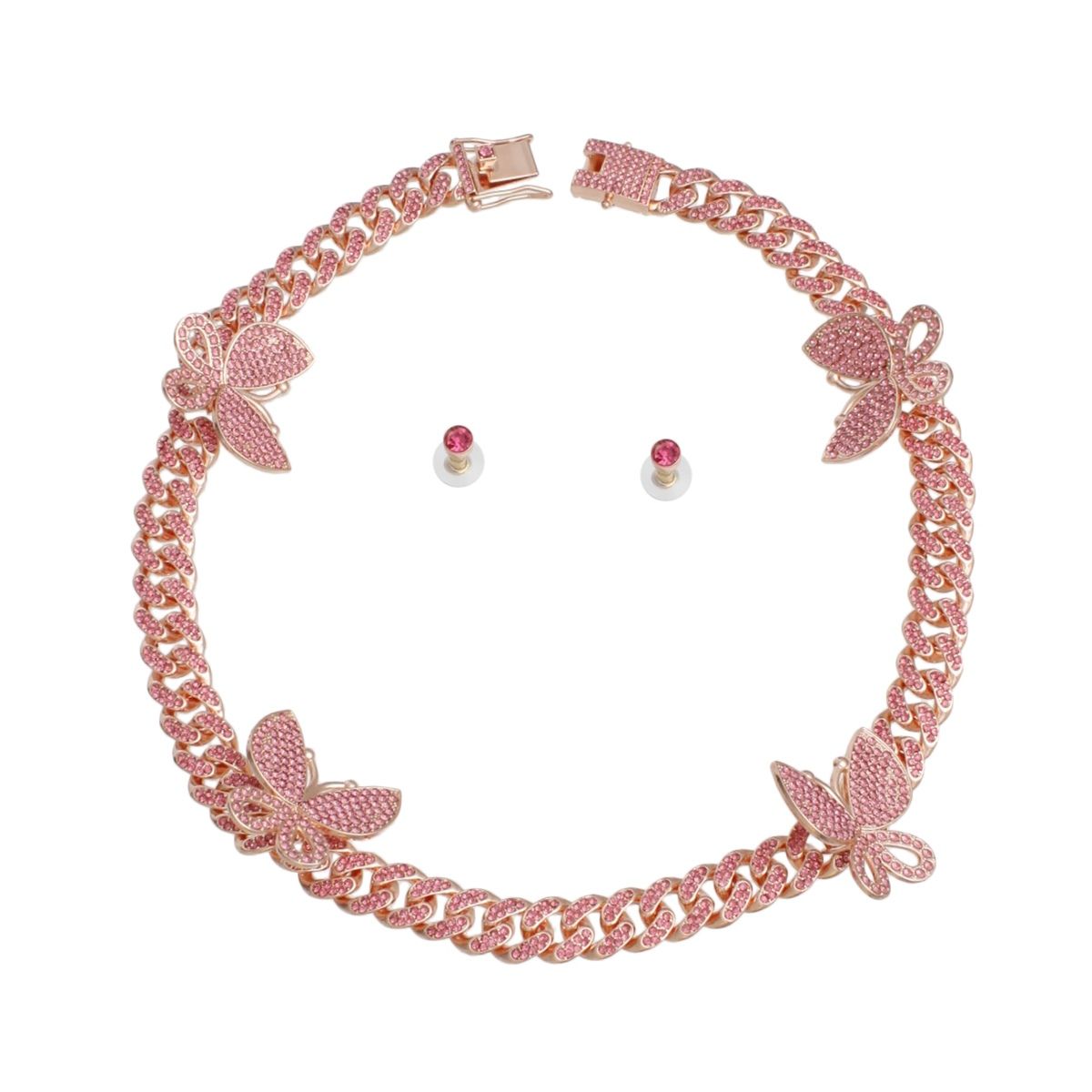 Pink rhinestone rose gold butterfly Cuban chain necklace set with matching pink crystal round stud earrings, flat lay on white background, push-lock clasp open