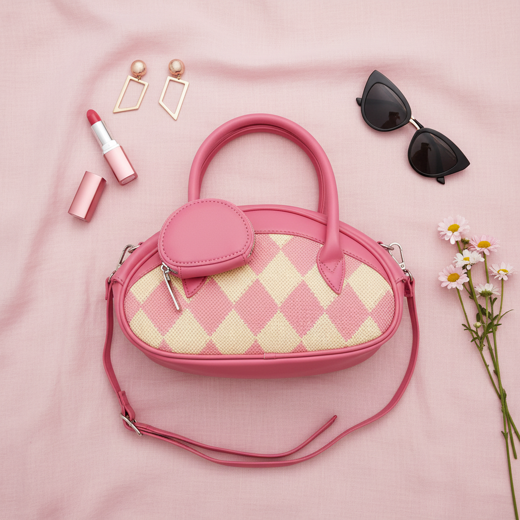 Pink Harlequin Bag - Flat Lay