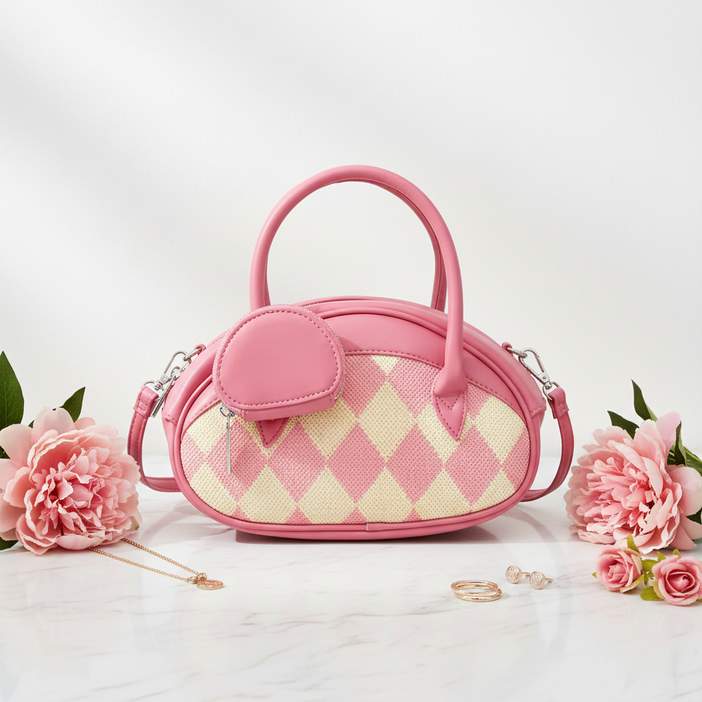 Pink Harlequin Bag - Front Styled