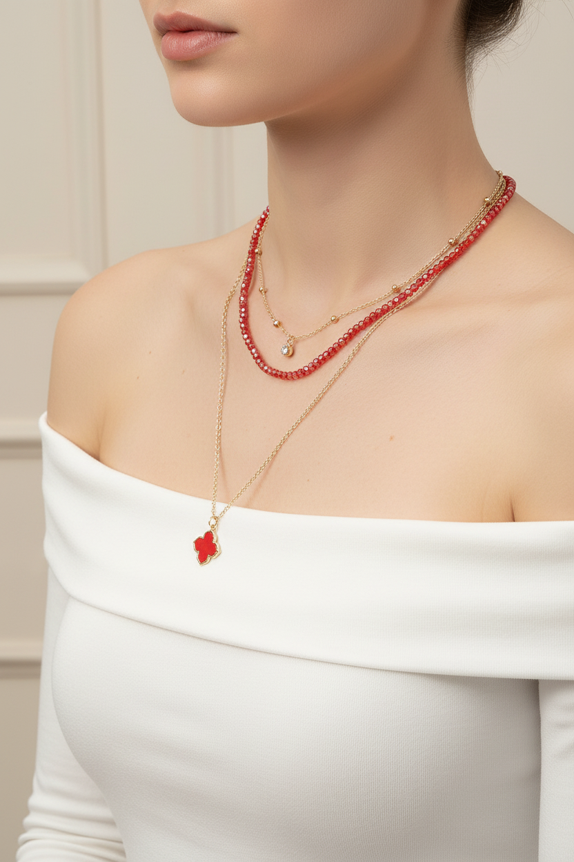 Red Quatrefoil Necklace on Model
