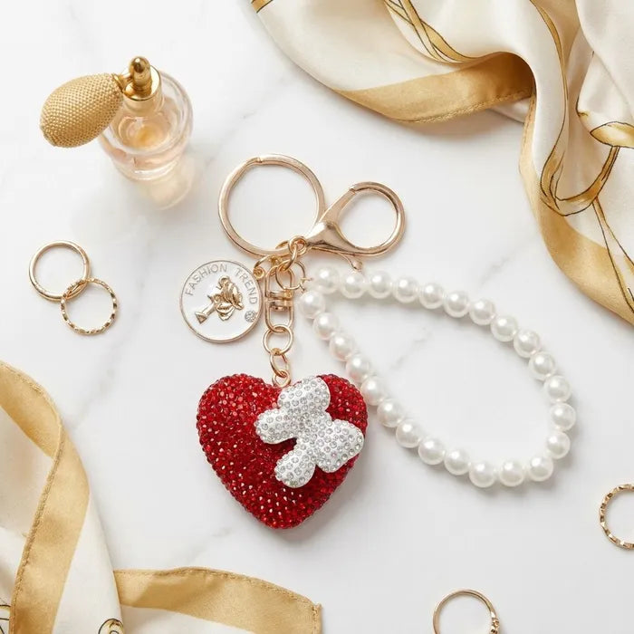 Women's Red Rhinestone Heart Gold Keychain Bag Charm Clip