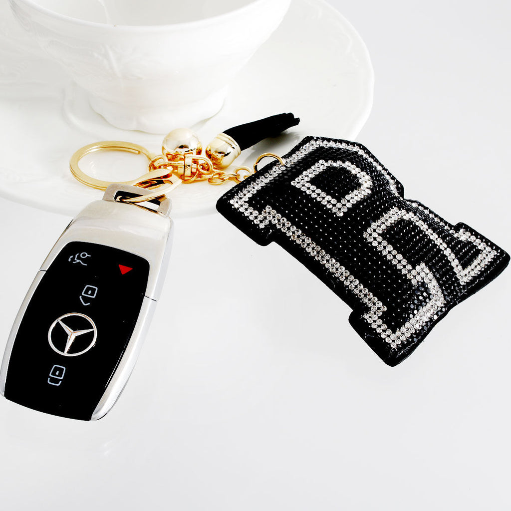 R Initial Black Rhinestone Padded Charm Keychain | Gold Bag Charm