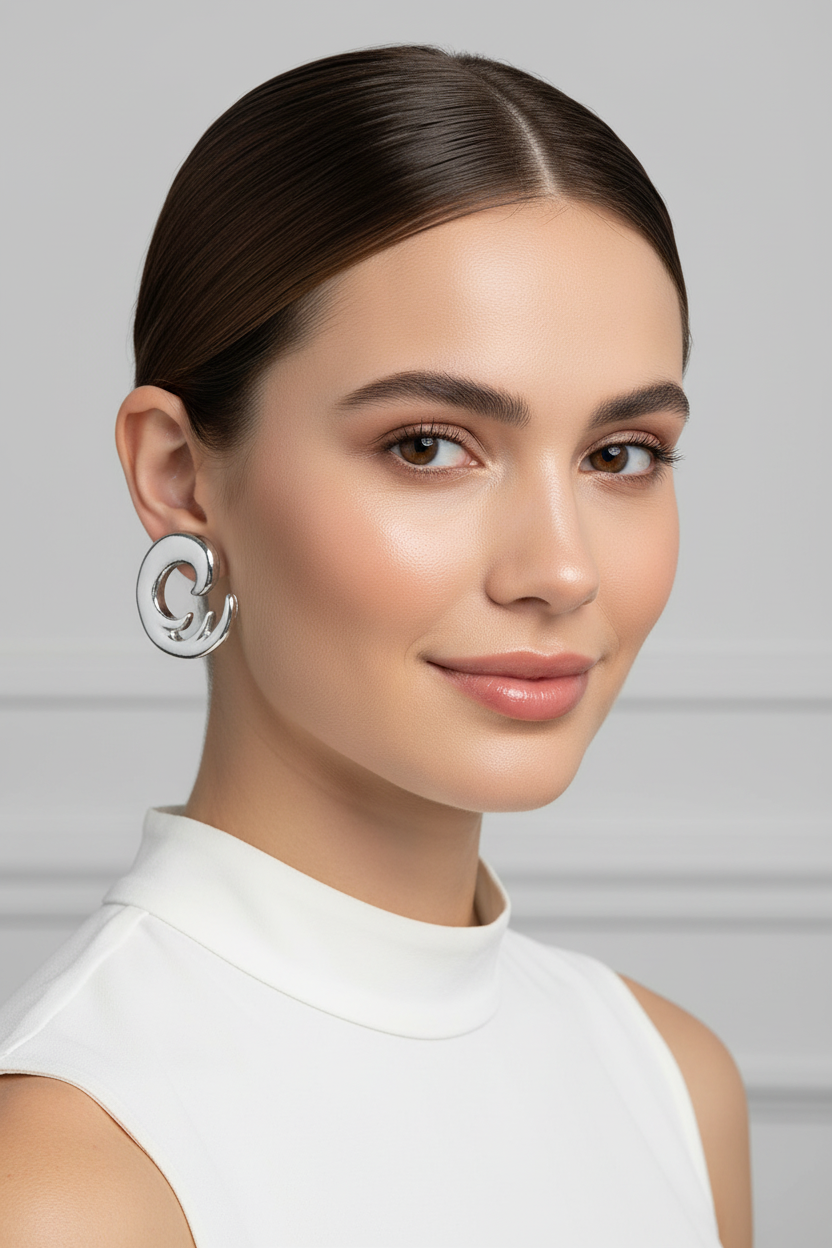 Stylish female model wearing bold silver spiral swirl stud earrings, chunky open spiral design in high-polish silver-tone metal, hair pulled back, neutral background
