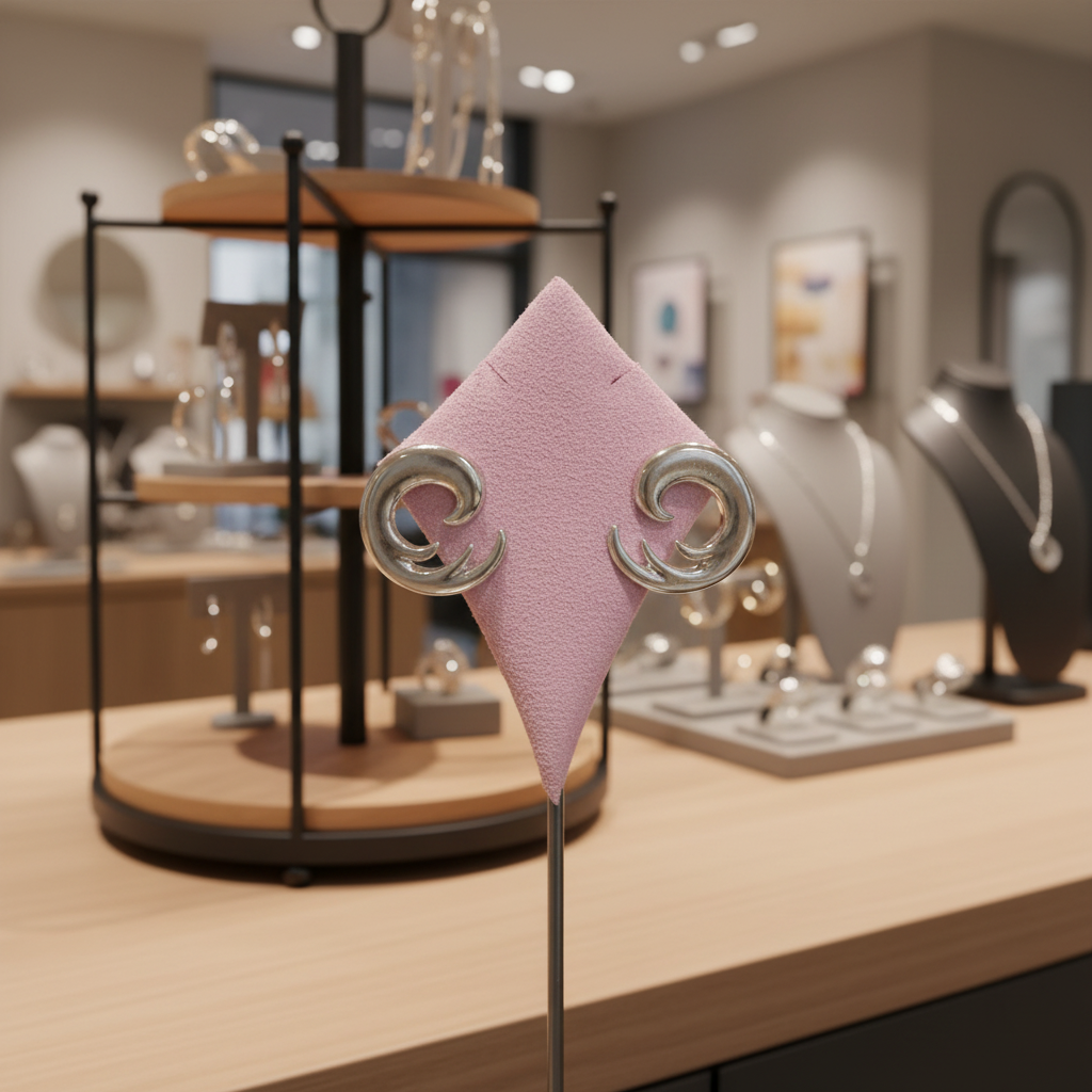 Bold silver spiral swirl stud earrings displayed on rotating boutique jewelry display rack in stylish accessories shop, warm lighting, other jewelry softly blurred in background