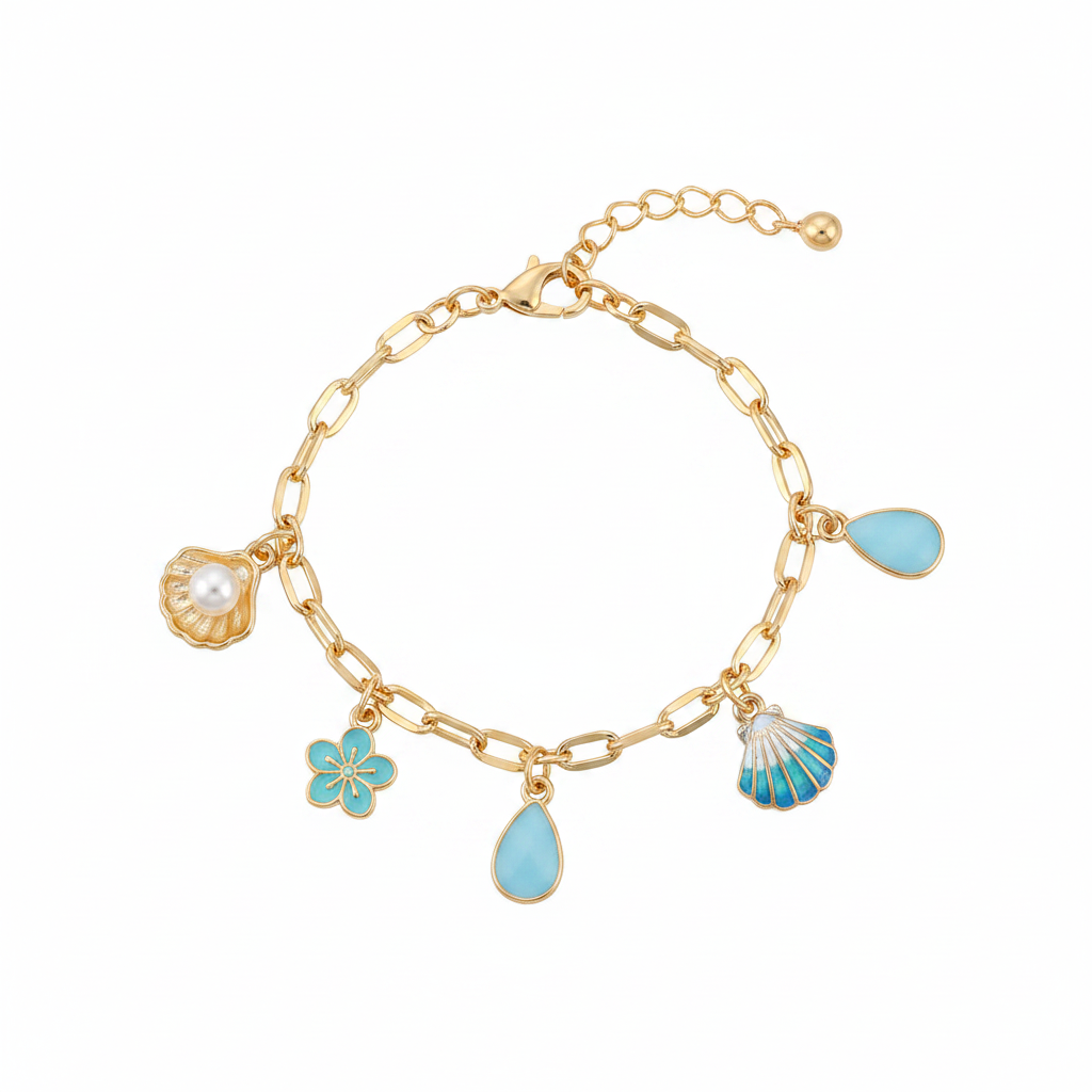 Ocean seashell charm station bracelet in gold-tone, Pearl Oyster & Flower style — gold paperclip link chain with lobster claw clasp and ball extender, 5 dangling charms: gold oyster shell with white pearl center, teal enamel flower, light blue teardrop, blue and white striped scallop shell, and light blue teardrop, white background