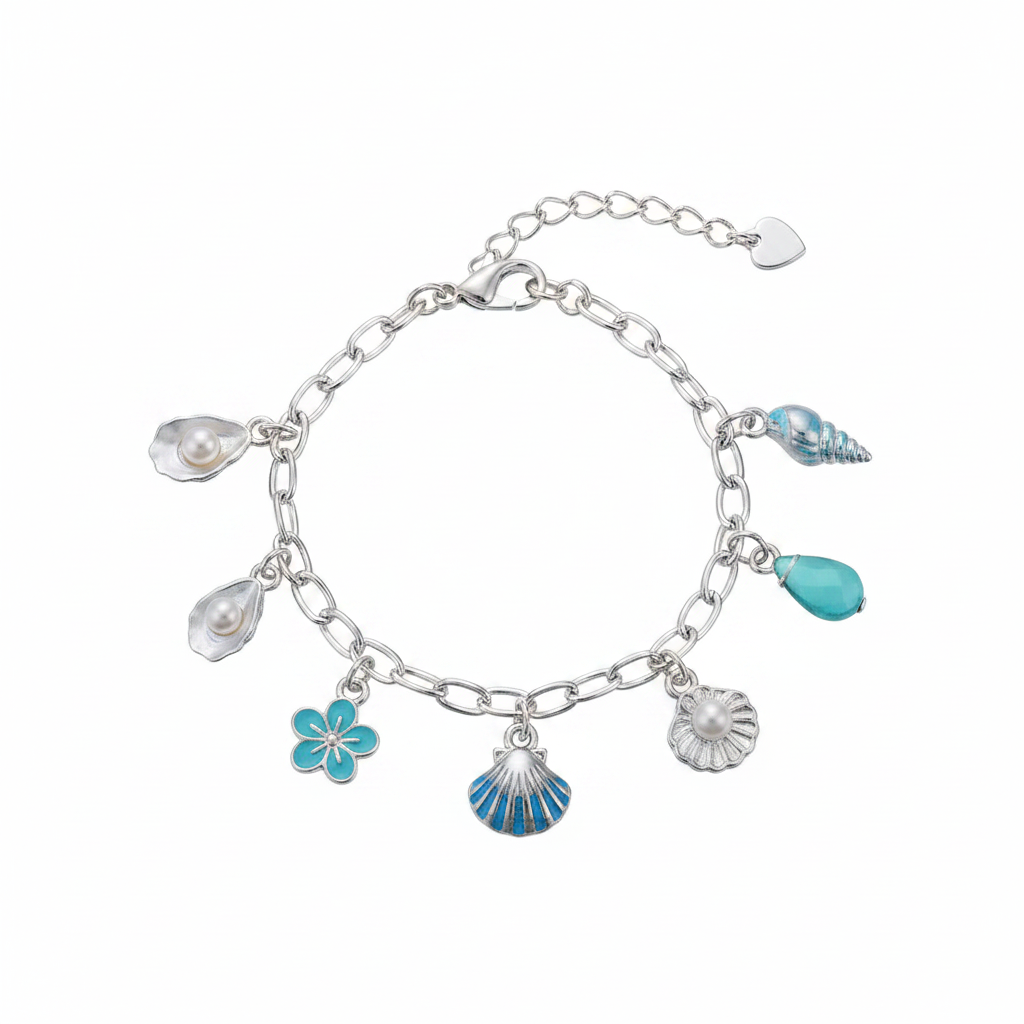Ocean seashell charm station bracelet in silver-tone, Pearl Oyster & Flower style — silver oval link chain with lobster claw clasp and heart tag extender, 5 dangling charms: white oyster shell with pearl center, small white oyster shell with pearl, teal enamel flower, blue striped scallop shell, and silver scallop shell with pearl center, white background