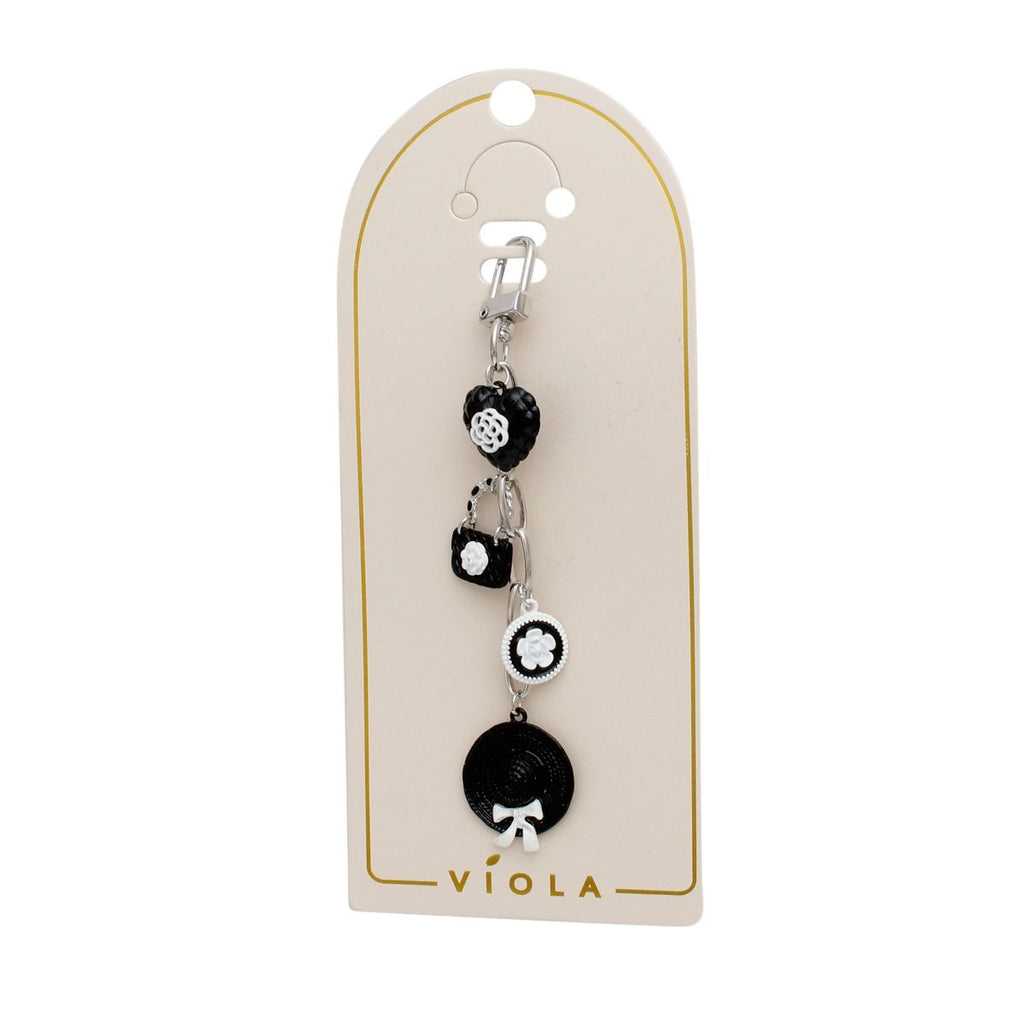 Keychain Black and White Camellia Charms Bag Clip