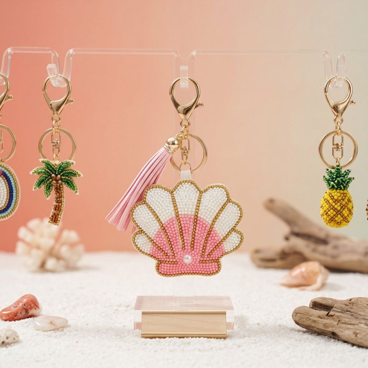 Pink and white seed bead seashell charm keychain with pink tassel and gold lobster clasp, displayed on acrylic stand alongside palm tree and pineapple bead keychains on peach gradient background