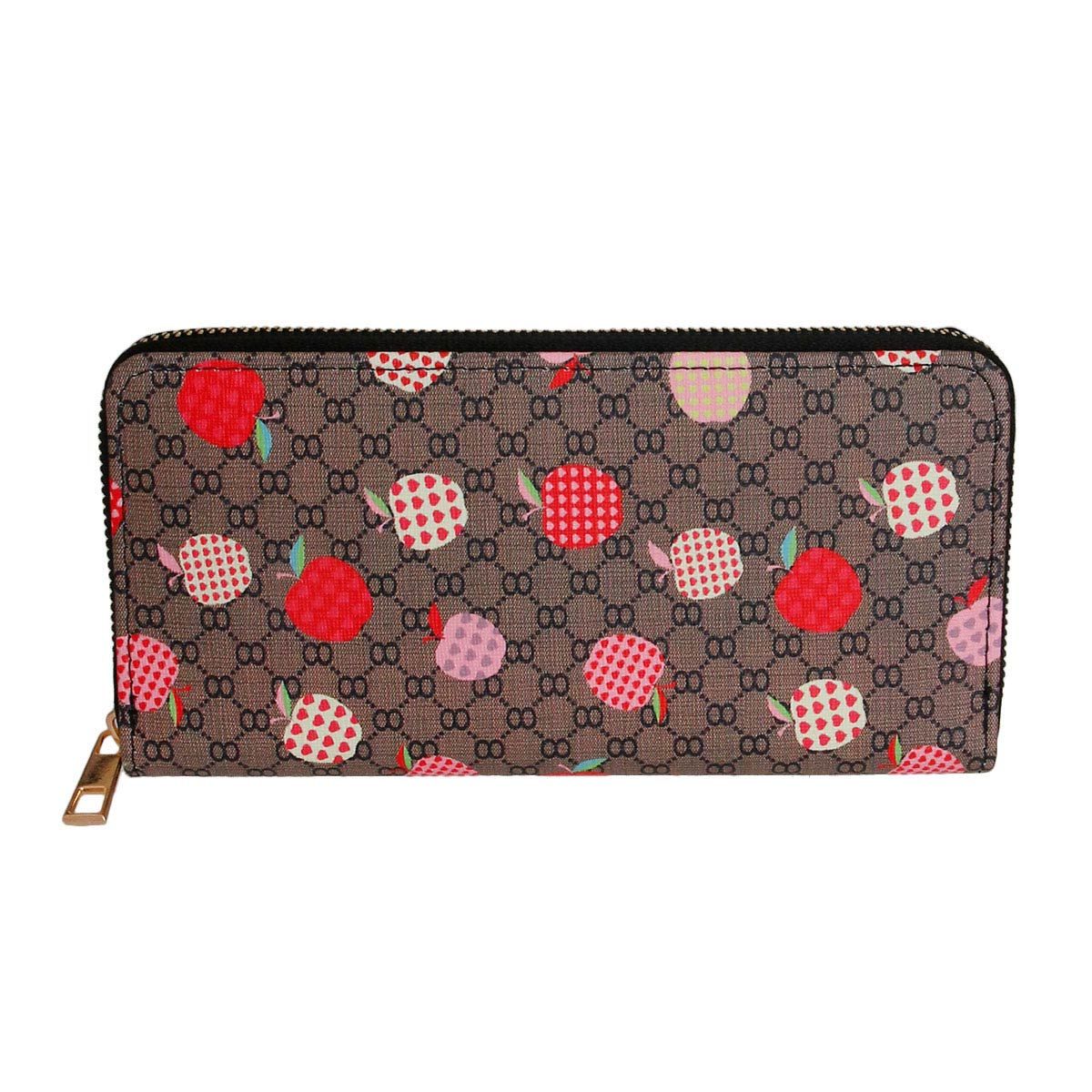 Brown woven zipper wallet wristlet with allover red, pink, and mauve apple print on dark brown monogram-style woven fabric, gold-tone zipper hardware — flat front view