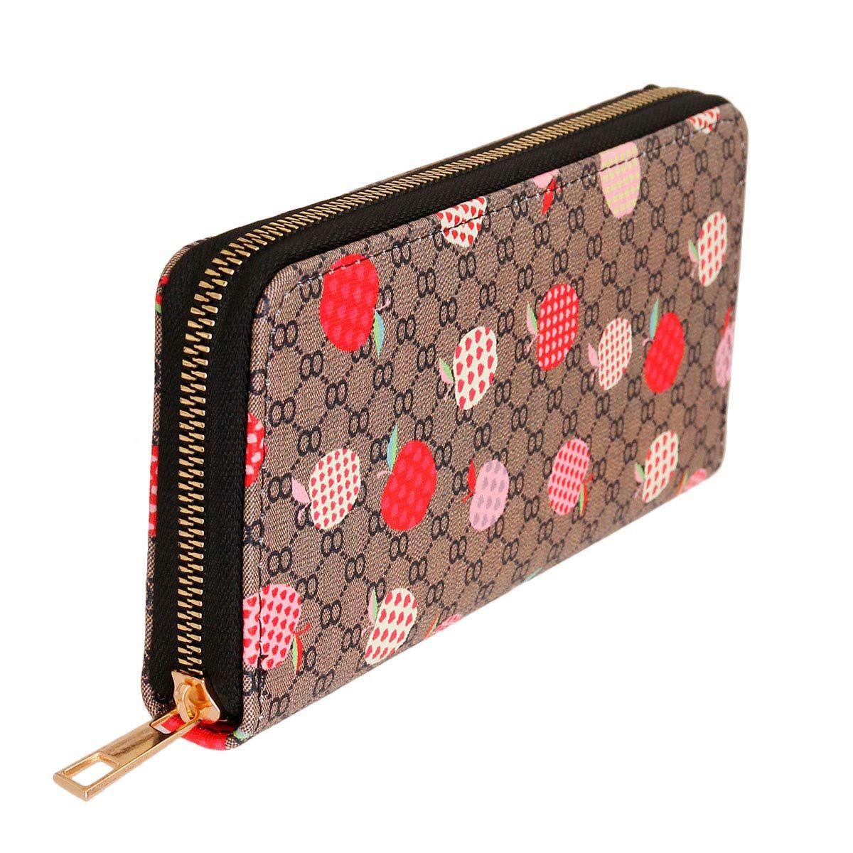 Brown woven zipper wallet wristlet with scattered red and pink multicolor apple print on dark brown monogram-style woven pattern, black trim and gold-tone zipper pull — angled side view