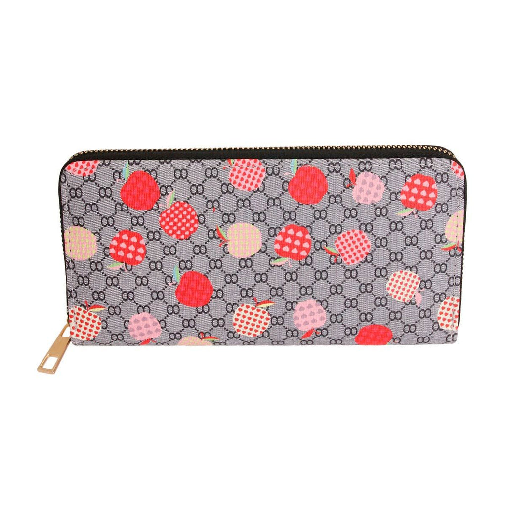 Gray woven zipper wallet wristlet with allover red and pink apple print on monogram-style woven fabric, black zipper trim and gold-tone hardware — flat front view