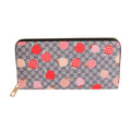 Gray woven zipper wallet wristlet with allover red and pink apple print on monogram-style woven fabric, black zipper trim and gold-tone hardware — flat front view