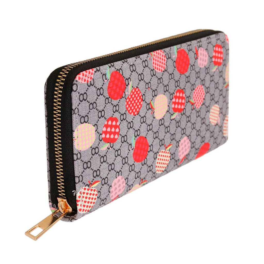 Gray woven zipper wallet wristlet with red and pink multicolor apple print on monogram-style pattern, black trim, and gold-tone zipper pull — angled side view