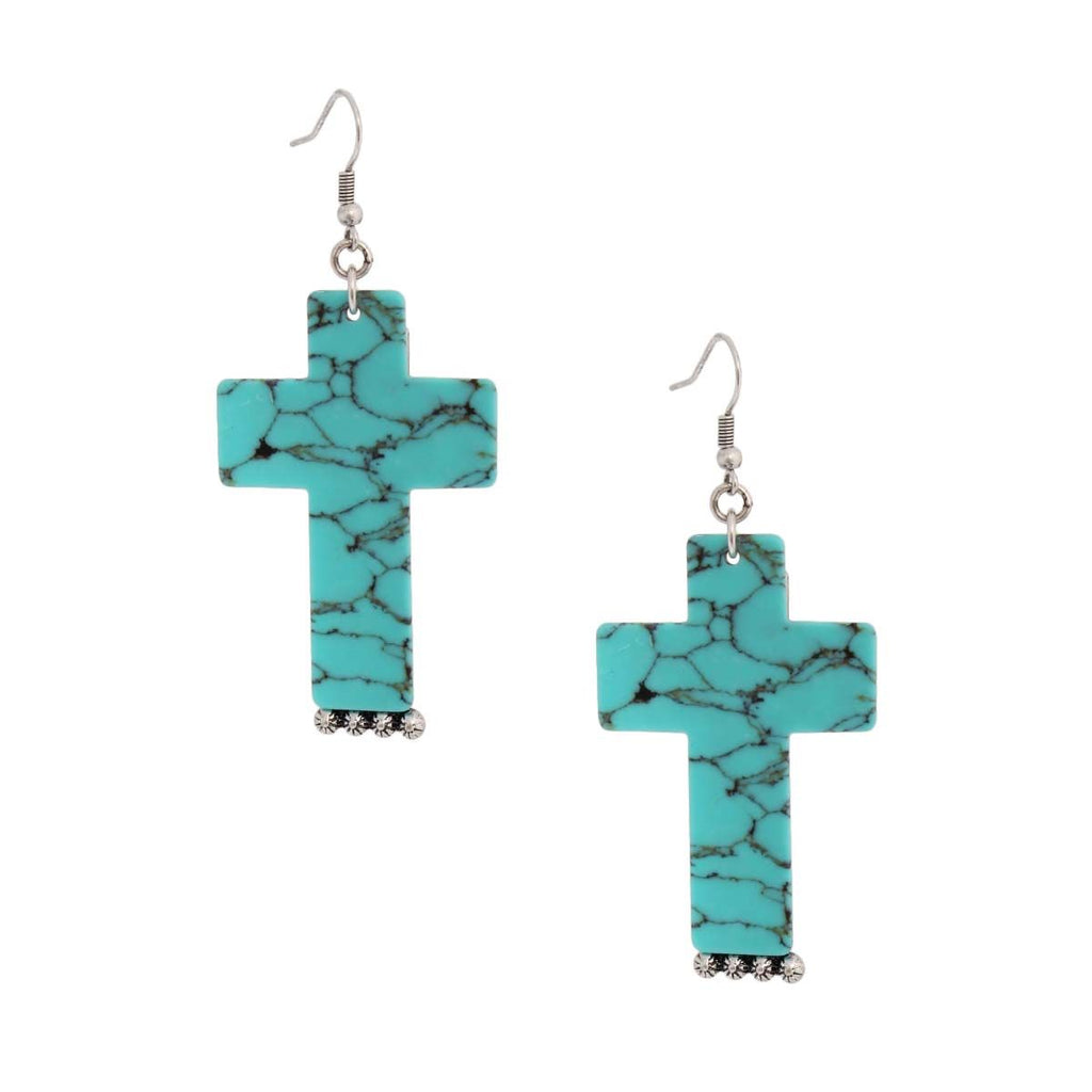 Pair of turquoise marbled acrylic cross drop earrings with dark veining, silver-tone fish-hook closures, and silver-tone accents on a white background.