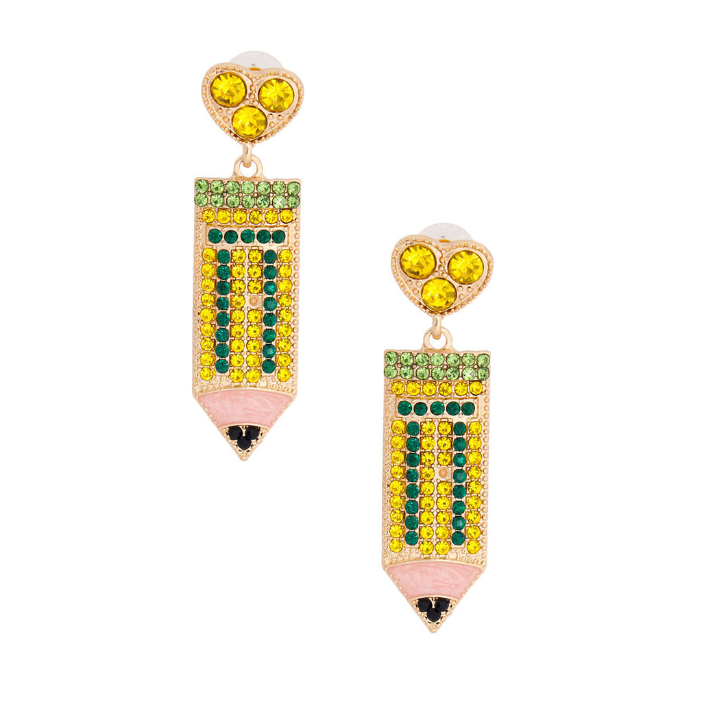 Pair of yellow and green crystal rhinestone pencil drop earrings with gold-tone heart stud top, pink enamel eraser tip, and black rhinestone pencil point, white background product shot.