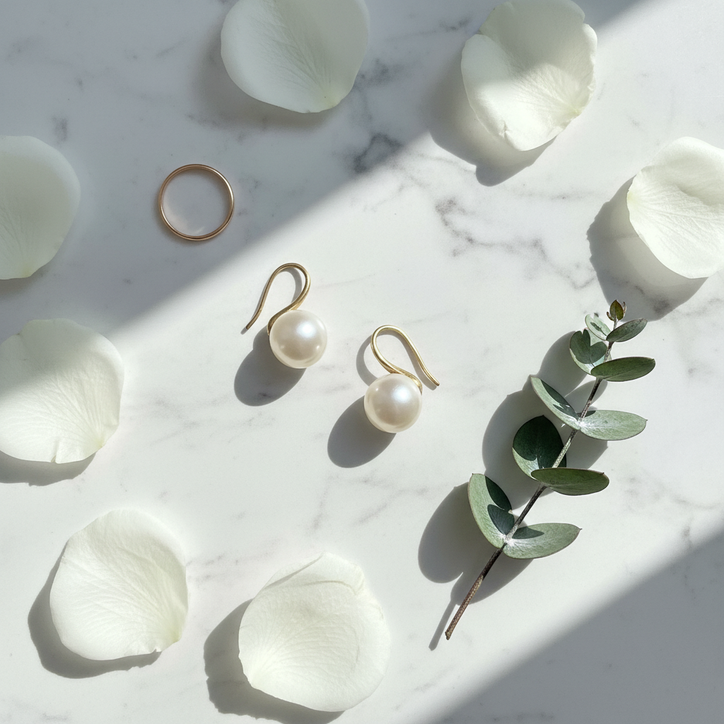 White Pearl Drop Earrings - Marble Styled Flat Lay