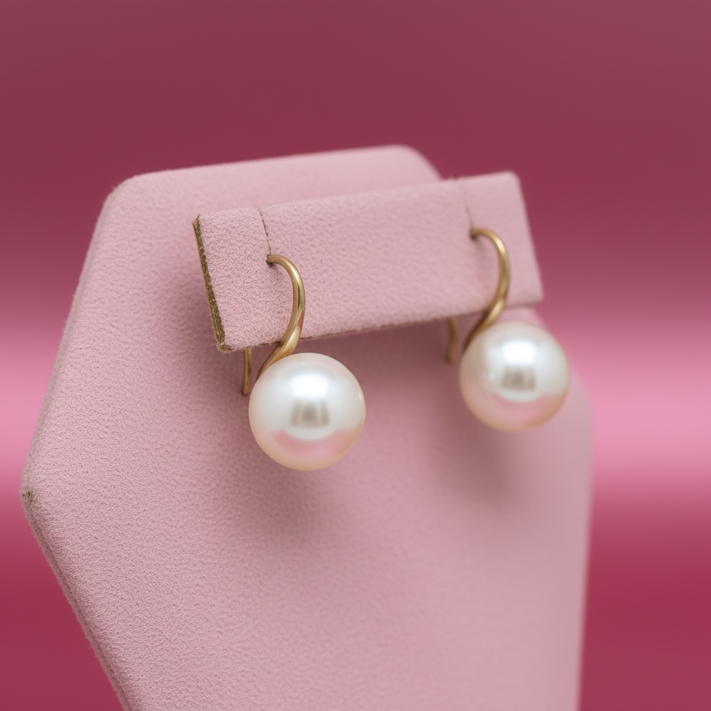 White Pearl Drop Earrings - Pink Display Stand