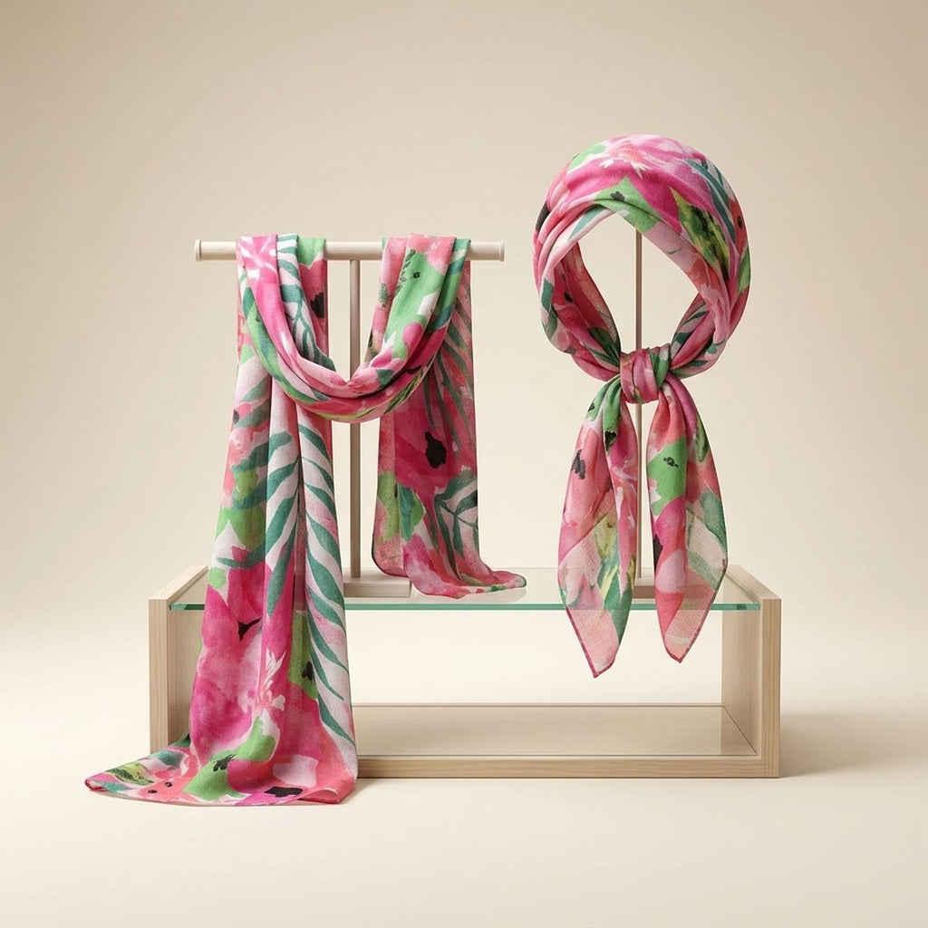 Pink-and-green floral scarves displayed draped over a rail and tied as a head wrap on stands above a glass shelf against a cream background